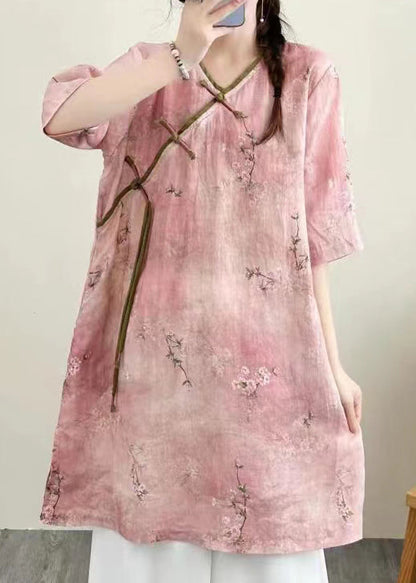 Yellow V Neck Print Chinese Button Linen Mid Dress Summer