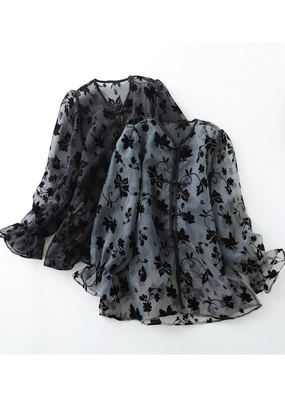 Loose Grey Print Chinese Button Tulle Upf 50+ Tops Summer