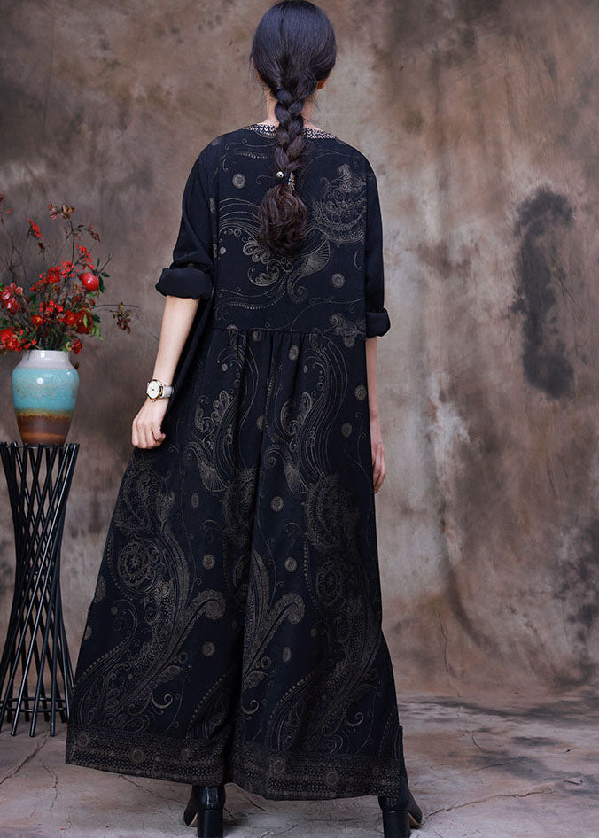Black Side Open Patchwork Velour Long Dresses Spring
