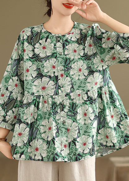 Unique Green O-neck Button Wrinkled T Shirts Bracelet Sleeve