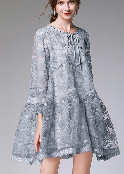 Grey Long Sleeve Lace Summer Maxi Dresses
