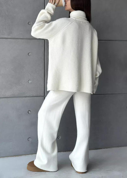 Stylish White High Neck Zip Up Knit Sets 2 Pieces Spring