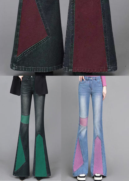 Green Asymmetrical Patchwork Denim Flare Bottoms Spring