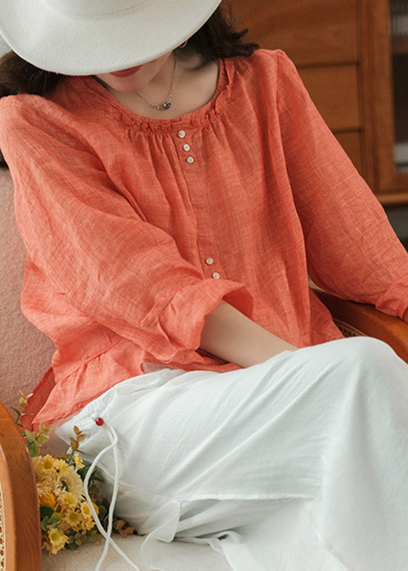 Orange O-neck Ruffled Linen Tops Long Sleeve
