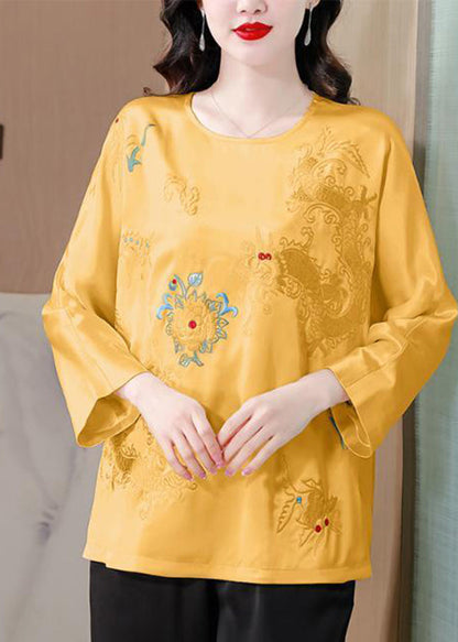 Yellow Embroidered Silk Blouse Tops Spring