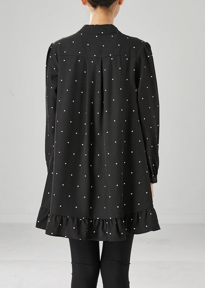 Black Dot Print Ruffles Cotton Mini Dresses Fall