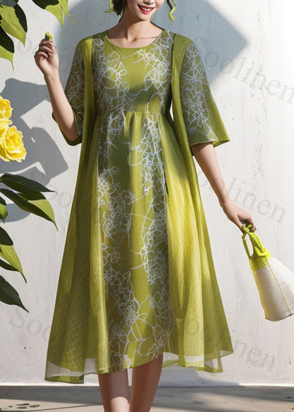 Handmade Grass Green Print Patchwork Silk Holiday Dress Summer
