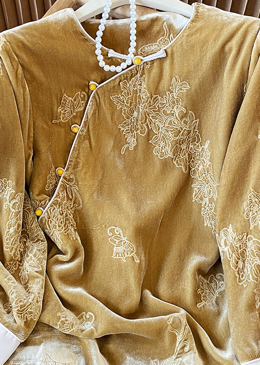 Yellow Oriental Button Jacquard Velour Shirt Top Spring