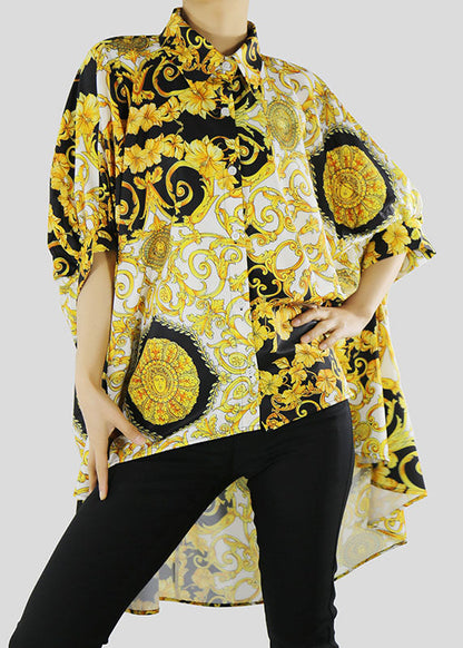 Diy Yellow Low High Design Peter Pan Collar Print Shirt Batwing Sleeve