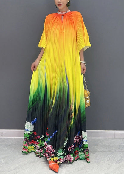 Summer Orange Yellow Color Blocked Long Pleated Dress