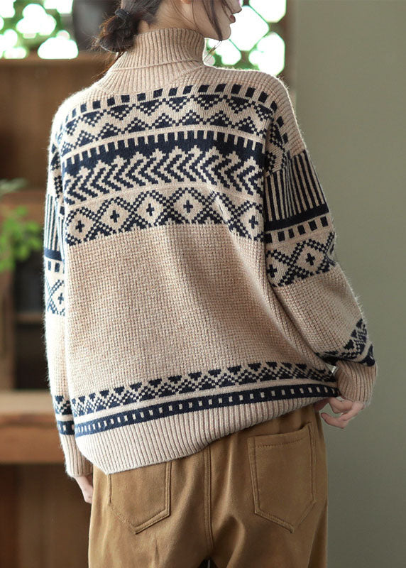 Handmade Apricot Turtle Neck Thick Print Knit Pullover Spring