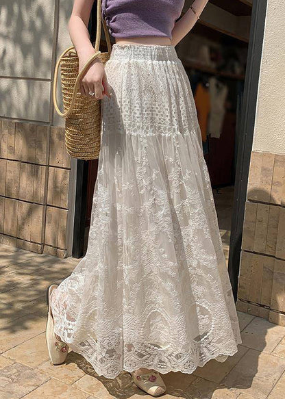 Simple Apricot Hollow Out Lace Elastic Waist Tulle Skirts Summer