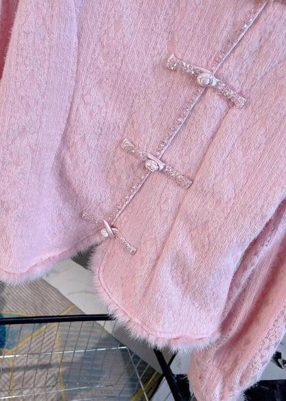 French Pink Stand Collar Button Knit Shirt Spring