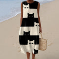 Women's Vintage Abstract Geometric Black Cat Art Linen Tank Midi Dress elevenforest
