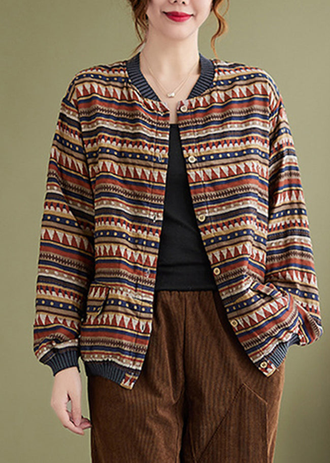 Chocolate Stand Collar Pockets Print Coat Long Sleeve