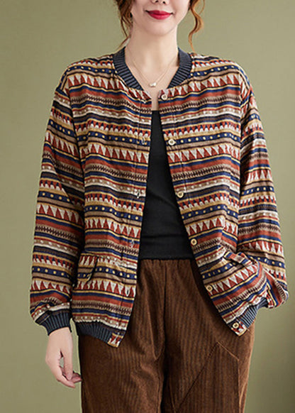 Chocolate Stand Collar Pockets Print Coat Long Sleeve