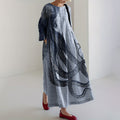 Comstylish Japanese Art Stripe Octopus Print Casual Art  Linen Blend Long Sleeve Maxi Dress