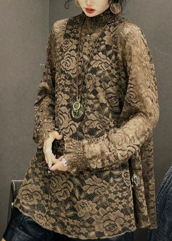 Versatile Korean Fit Long Sleeve Coffee Lace Top