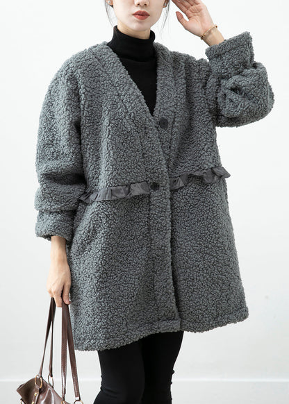 Grey Ruffled Patchwork Faux Fur Coat Winter