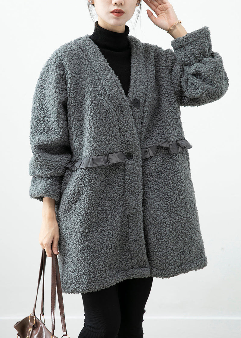 Grey Ruffled Patchwork Faux Fur Coat Winter