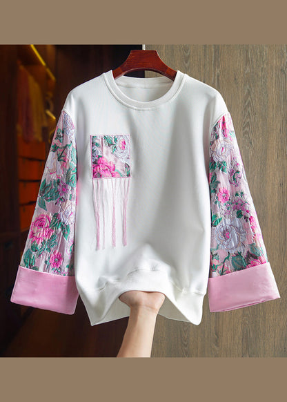 Casualn White O-neck Embroideried Cotton Sweatshirt Fall