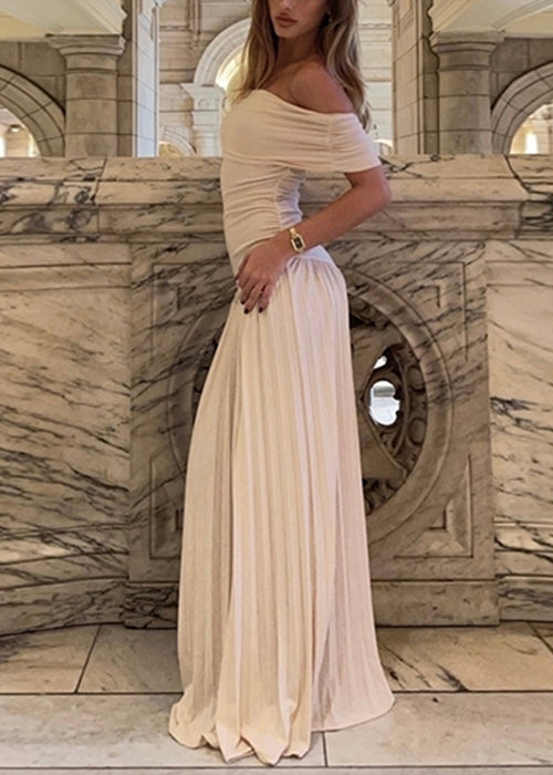 Apricot Slash Neck Wrinkled Long Dress Summer