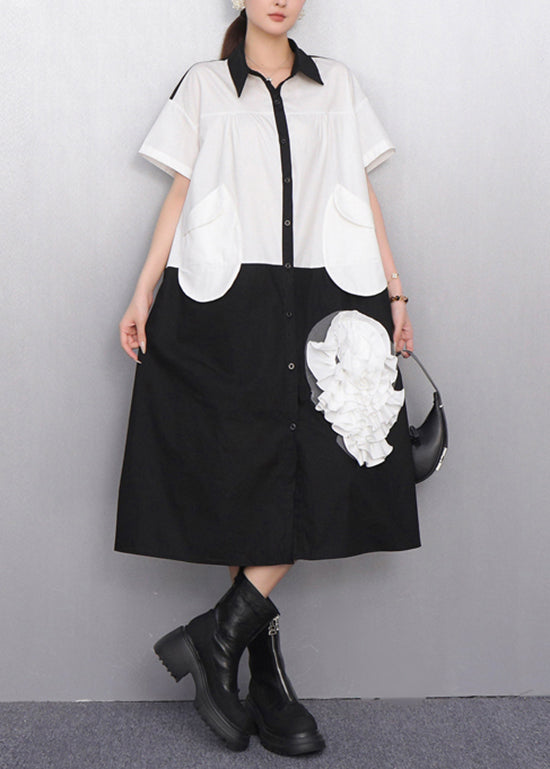 White Pocket Cascading Ruffle Rose Shirt Dress Summer