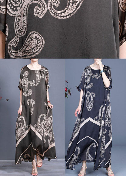 Tea Green Print Loose Silk Dress Summer