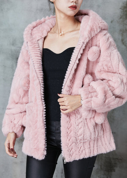 Pink Hooded Fuzzy Fur Fluffy Coat Outwear Spring