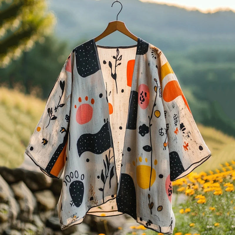 Summer Farm Cat Peekaboo Natural Patchwork Linen Kimono artswardrobe