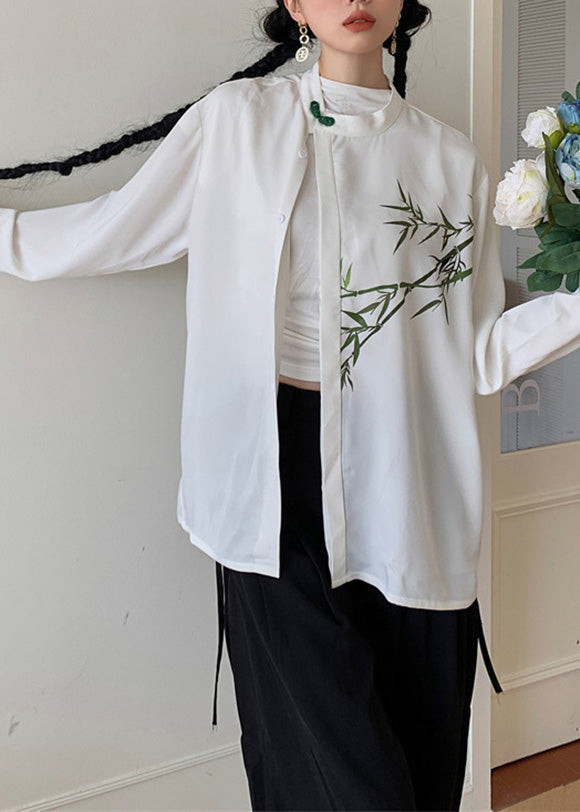 Diy White O-neck Print Button Silk Shirts Spring