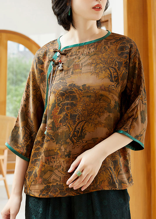 Retro Yellow O-neck Print Patchwork Silk Tops Half Sleeve