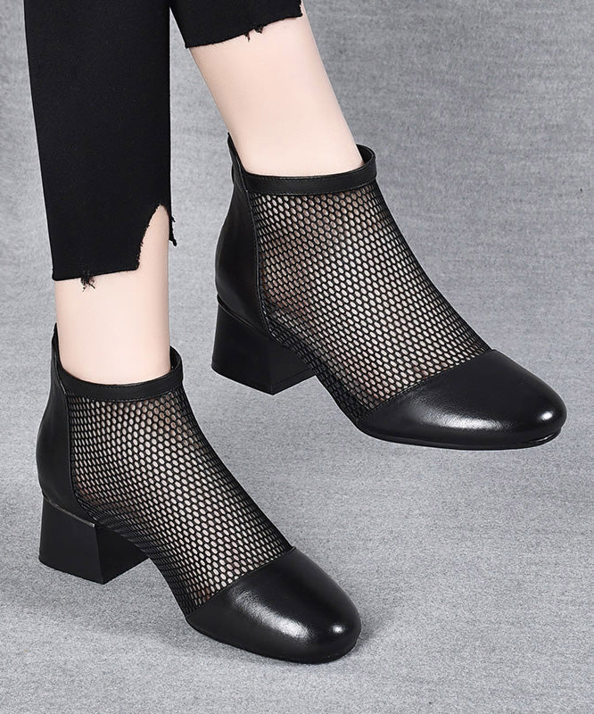 Black Boots Chunky Faux Leather Splicing Breathable Mesh