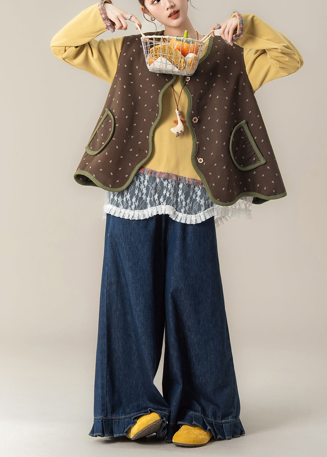 Japanese Style Print Asymmetrical Vest and T Shirt Pants Set Autumn