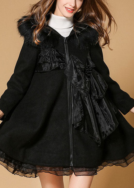 Handmade Black Hooded Fur Collar Nail Bead Organza Fall Woolen Coat