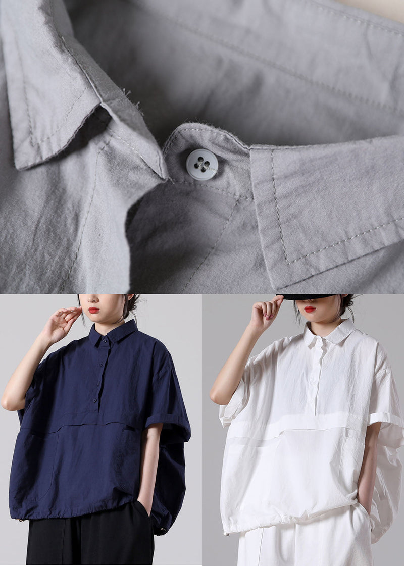 Grey Oversized Pockets Color Cotton Shirts Short Sleeve