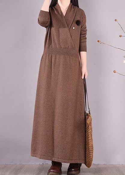 Organic Chocolate Clothes V Neck Asymmetric Dresses Spring Dresses
