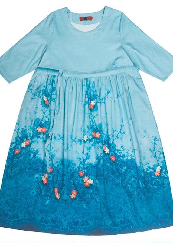 Simple Blue Print Clothes O Neck Tie Waist Dresses Spring Dresses