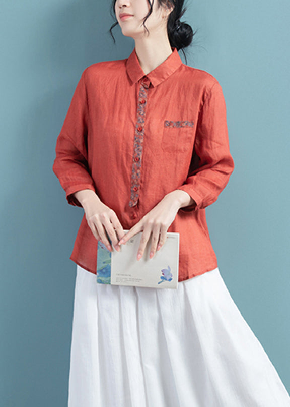 Brick Red Peter Pan Collar Print Ramie Top Long Sleeve