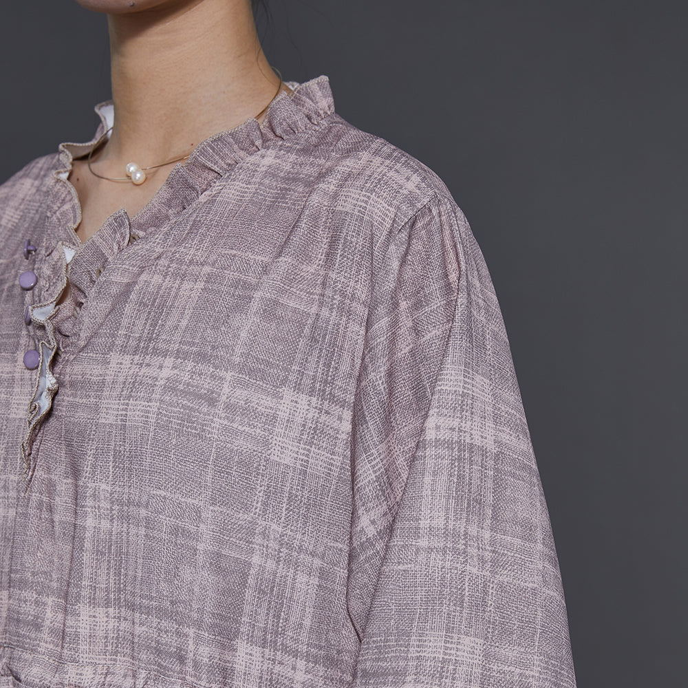 Art Grey Ruffled Drawstring Cotton Long Dress Summer