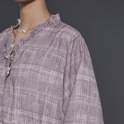 Art Grey Ruffled Drawstring Cotton Long Dress Summer