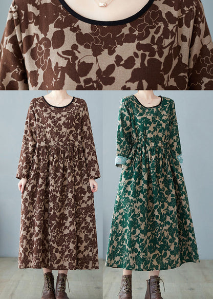 Green O-neck Print Linen Dress Spring