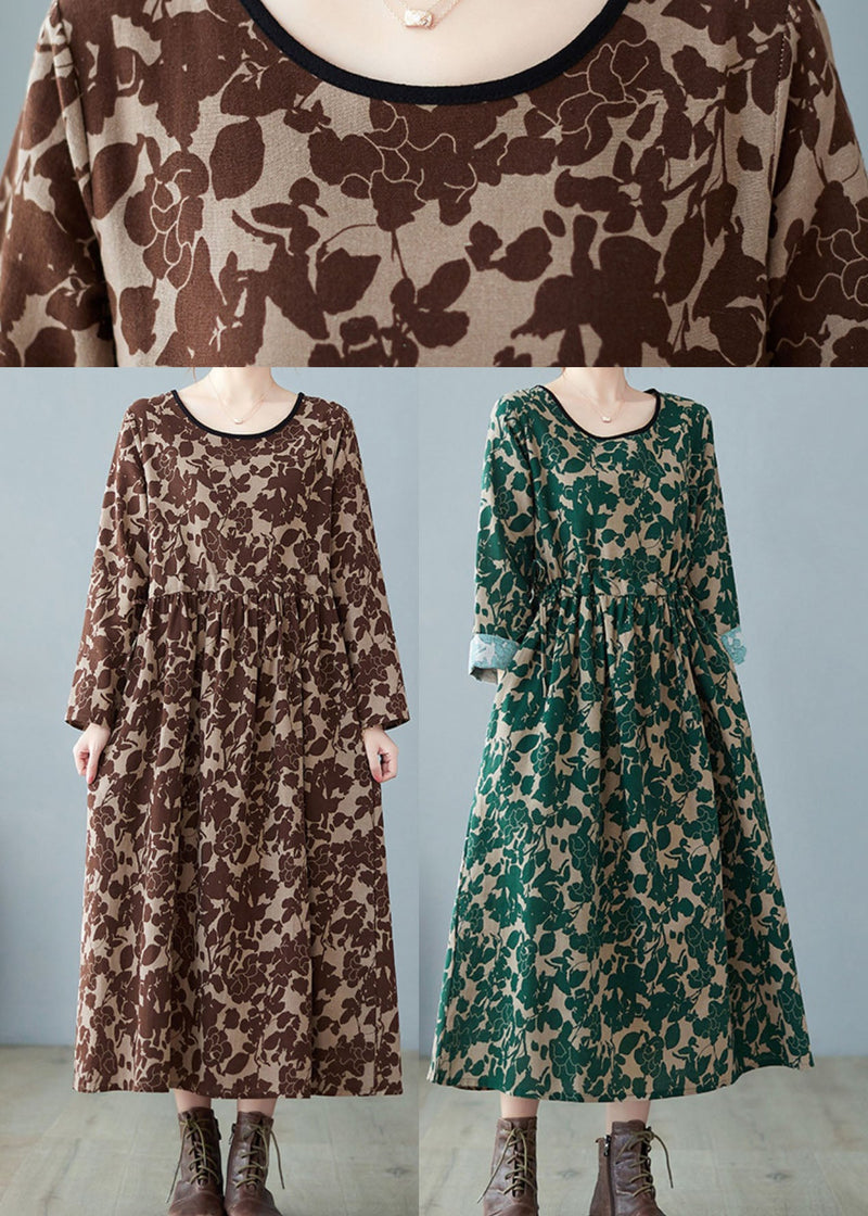 Chocolate Print Patchwork Wrinkled Linen Holiday Dress Spring
