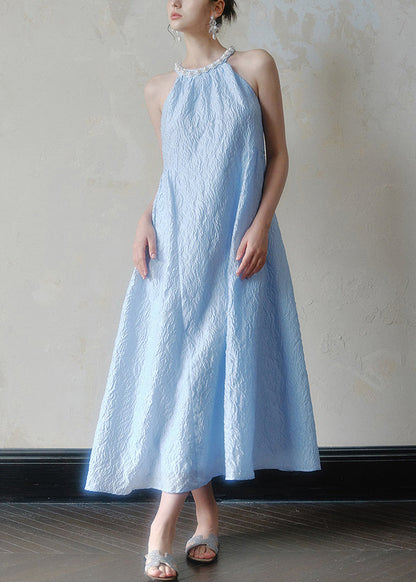 Jacquard Blue Halter Beading Maxi Dress Summer