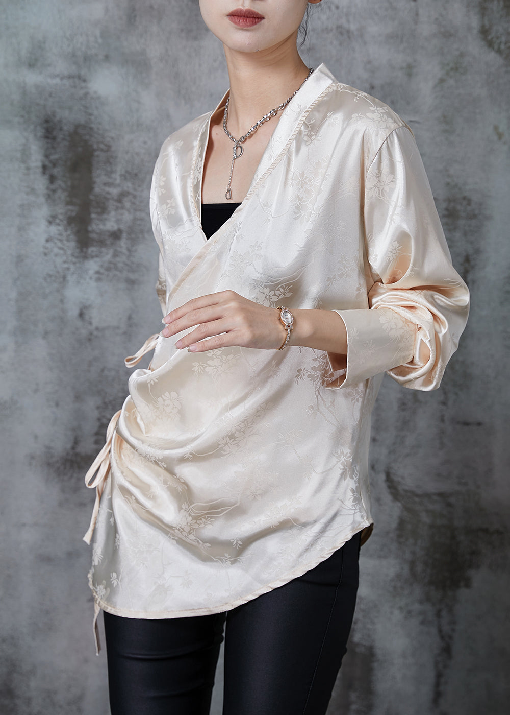 Champagne Jacquard Asymmetrical Design Silk Shirt Tops Fall