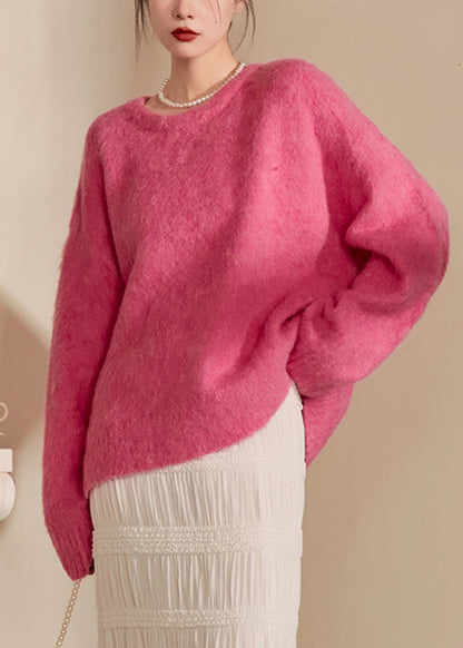 Pink O-neck Thick Cotton Knit Sweaters Winter