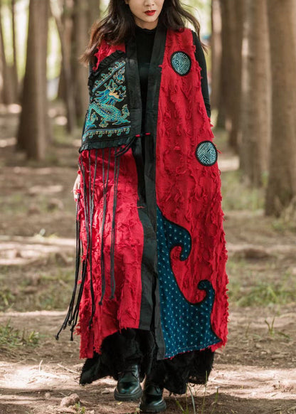 Red Tasseled Pocketspatchwork Cotton Waistcoat Sleeveless