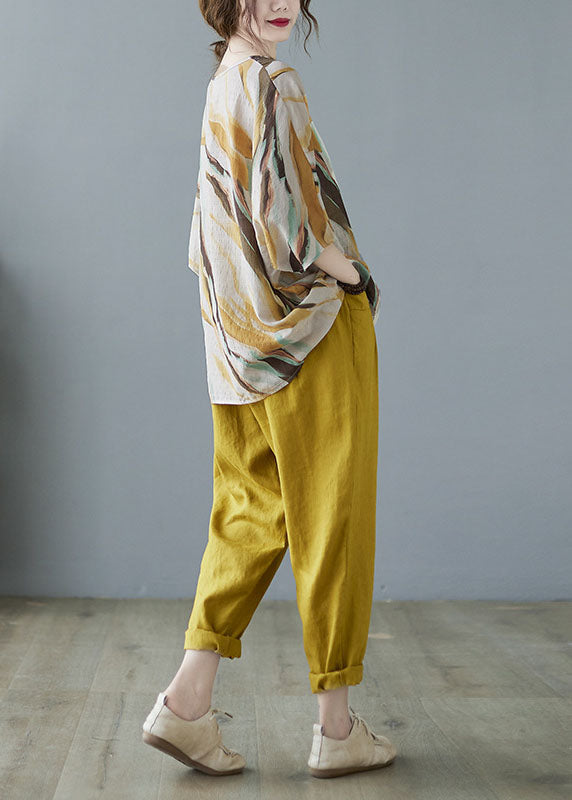 Yellow V Neck Print Fall Striped Shirt Tops Half Sleeve