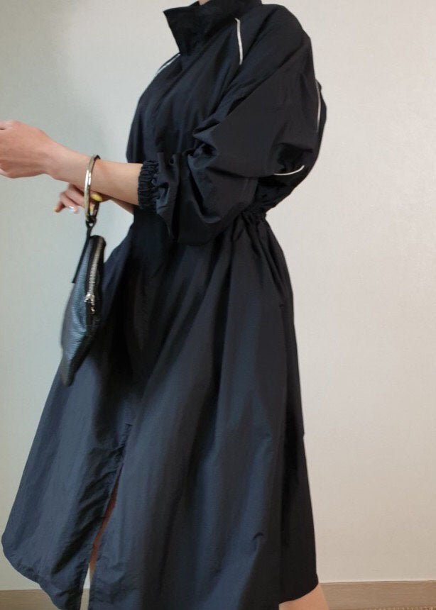 Black Stand Collar Pockets Patchwork Cotton Trench Jackets Spring