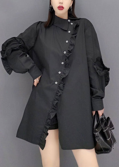 Black Peter Pan Collar Asymmetrical Ruffled Cotton Shirt Tops Spring